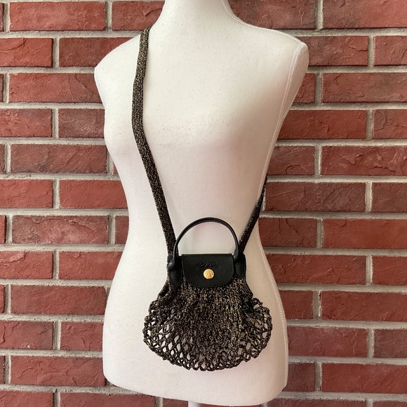 Longchamp Le Pliage Filet XS Stretch Mesh Crossbody Black Gold Bag NWT - Picture 14 of 14